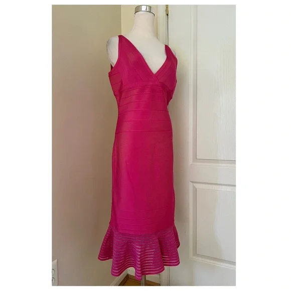 Herve Leger Pink Ruffled Bodycon Midi Dress - Picture 7 of 11